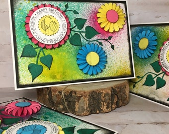 Handmade, birthday card, colorful, cheerful, rosettes
