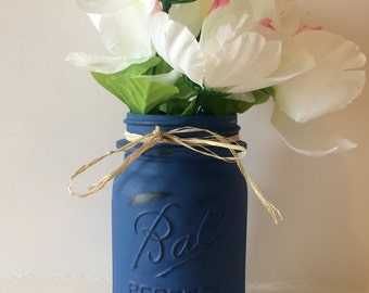 Perfect mason jar, blue painted mason jar, hand painted mason jar, distressed mason jar, mason jar pint, mason jar vase, matte mason jars