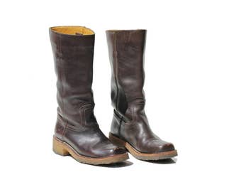 Dark Brown Leather Mid Calf Pull On Boots / size 6.5