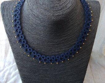 Navy blue tatted necklace , frivolite , blue necklace , lace necklace , tatted jewelry , gift for woman