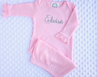 Personalized Embroidered Monogrammed Newborn Infant Baby Pink, White, or Blue Sleep Sack Gown - Layette - Sleeper - Gift - Take Home Outfit