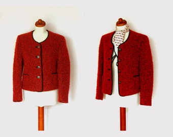 Vintage Chanel Style Black & Red Bouclé Wool Mohair Jacket / Size M