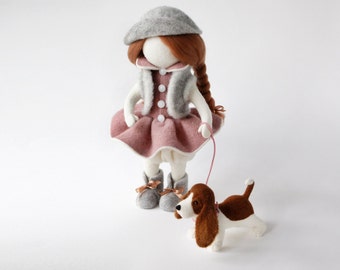 Needle felted waldorf doll, girl sculpture, wool beagle, ginger girl and dog, collectible art doll, nursery decor doll, girls room decor