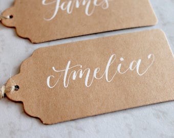 Handwritten Rustic Place Cards, Rustic Wedding Decor, Handwritten with Modern Calligraphy White on Brown, Wedding Place Cards (9cm x 4.5cm)