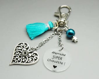 porte clé pompon bleu turquoise cabochon "Marraine super chouette" coeur - cadeau personnalisable - godmother gift