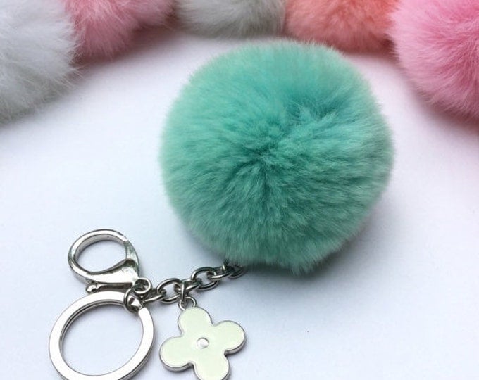 Silver Summer Series candy green REX Rabbit fur pompom keychain ball with flower bag charm