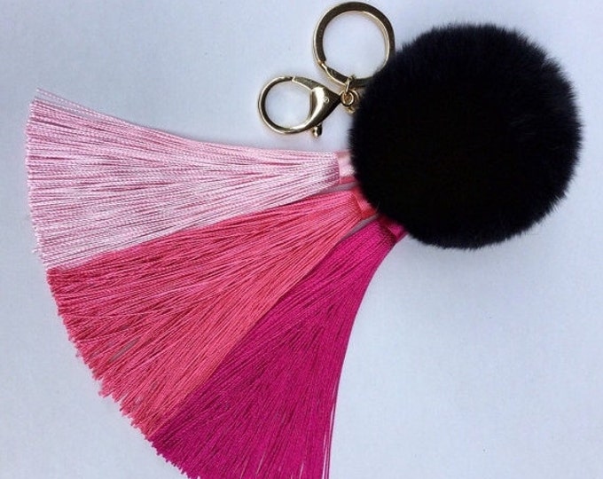 Pink Gradient Tassel Handbag Charm Fur Pom Pom ball keychain