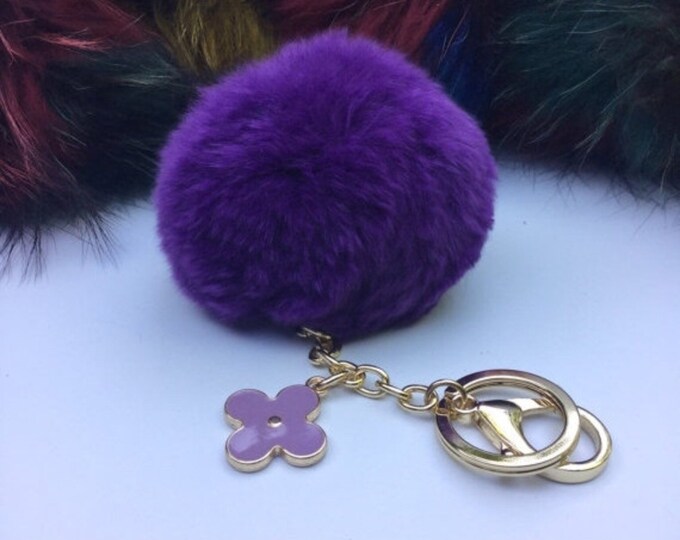 Deep Purple fur pom pom keychain REX Rabbit real fur puff ball with flower bag charm keyring