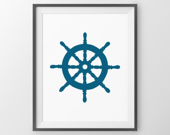 Nautical Decor Ship's Wheel Print, Captain Steerling Wheel, Beach House Decor, Modern Nautical Wall Art, Nautical Nursery, Beach House Decor