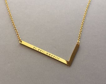 Oversize Letter Necklace - Large Letter Initial Necklace - Sideways Letter - Engraved Roman Numerals - Gold Plated Necklaces
