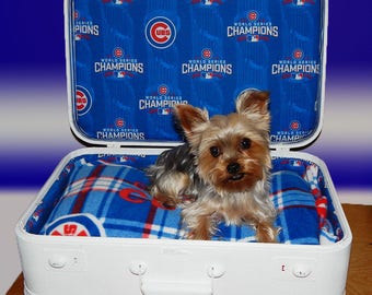 Re purposed New Custom Upcycled DOG or CAT suitcase pet bed 2016 Chicago Cubs Champions