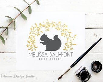 Pre-Made Logo, Logo and Branding for your Business, Gold floral Wreath Logo, Squirrel Logo Design (A41.Logo)