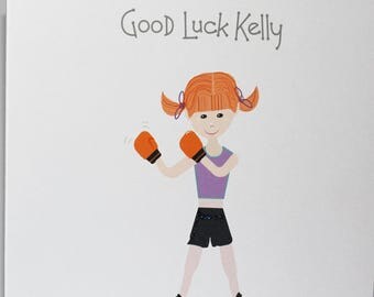 Personalised Handmade Good Luck Card. Boxing girl or boy design Friends or Relations.