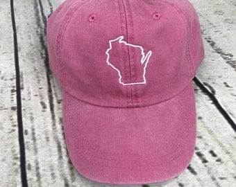 Wisconsin hat, State of Wisconsin baseball hat, Wisconsin baseball cap, Pigment dyed hat, State outline hat, Gameday hat, State outline