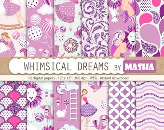 Purple digital paper: "WHIMSICAL DREAMS" with whimsical digital paper, whimsical pattern, fantasy pattern, 12 images, 300 dpi. jpg files