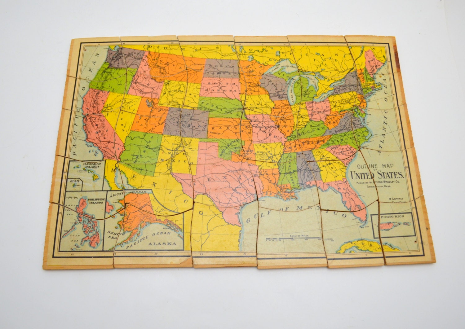 antique united states map wood puzzle milton bradley outline