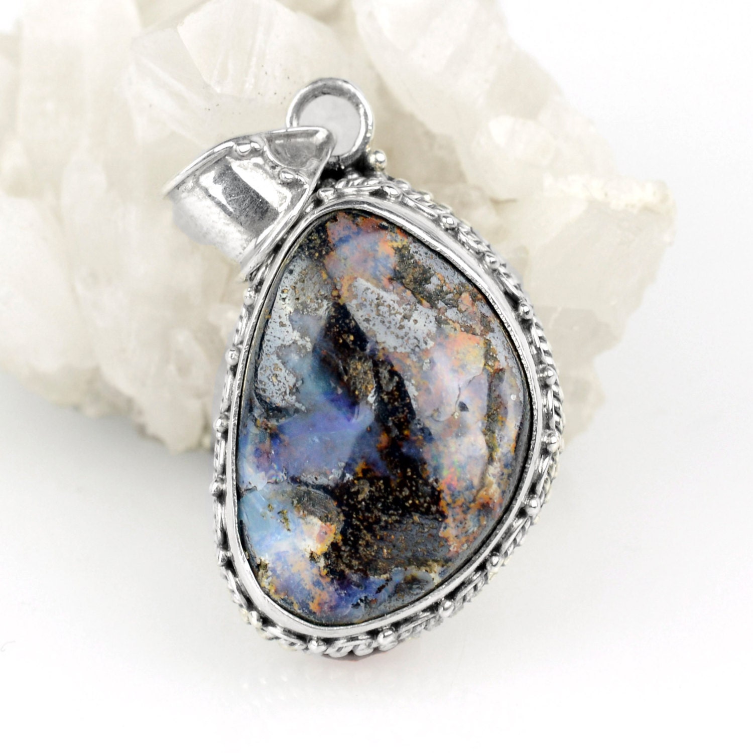 Rare Rainbow Boulder Opal Pendant Necklace Healing Stone