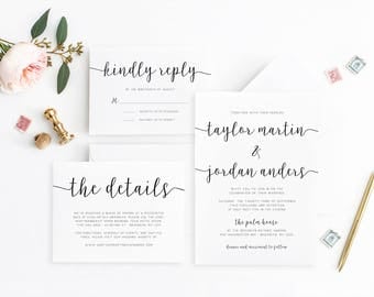 Black and White Printable Wedding Invitation Set, Modern Wedding Invitation Black and White, Calligraphy Wedding Invitation, Wedding Invites