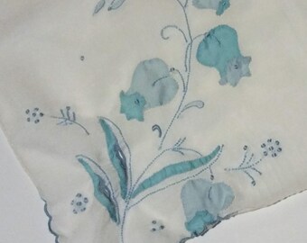 Vintage White Cotton Handkerchief with Blue Flowers (#2308)