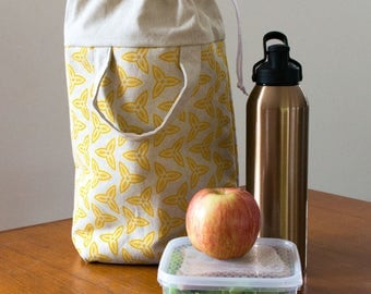 Yellow insulated lunch tote for women. Drawstring lunch bag for teens. Cooler bag /lunch box carrier. Waterproof food safe adult lunch bag.