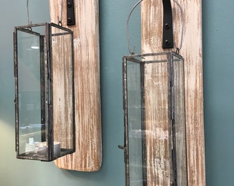SALE-Lanterns sconces on Reclaimed Wood-Wall Decor-Cottage Chic-Home Decor-One of a Kind-Candle Holders-Lanterns-Set of 2