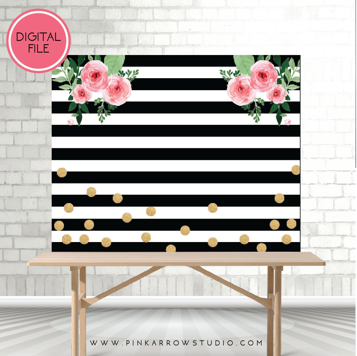 Striped Backdrop Birthday Flowered Striped black and white