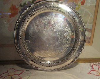 Wm Rogers Silver Tray Vintage 1970's #170 Silver Plate Ornate Reticulated Trim Round Serving Dining Home Decor
