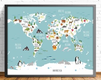 nusery world map,ENGLISH, animal world map,4 SIZES INCLUDED,mapamundi print,kids room decor,baby room print,boy room print,girl room print