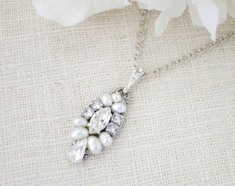 Art Deco pendant necklace, Rhinestone and pearl bridal necklace, Swarovski crystal and freshwater pearl wedding necklace