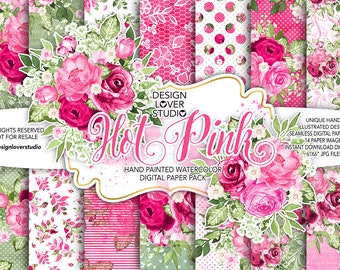 Watercolor HOT PINK digital paper pack, flower, peach, peonies, bouquets, leaves digital paper, Floral pattern, seamless pattern, roses