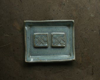 Seafoam Glazed Ceramic Soap Dish with Geometric Design