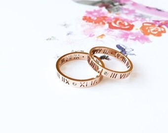 ON SALE Roman Numerals Ring 18K Rose Gold Diamond Band Multifinger Couple Ring Valentine's Wedding Bridal Anniversary Birthday Gift Not Pers