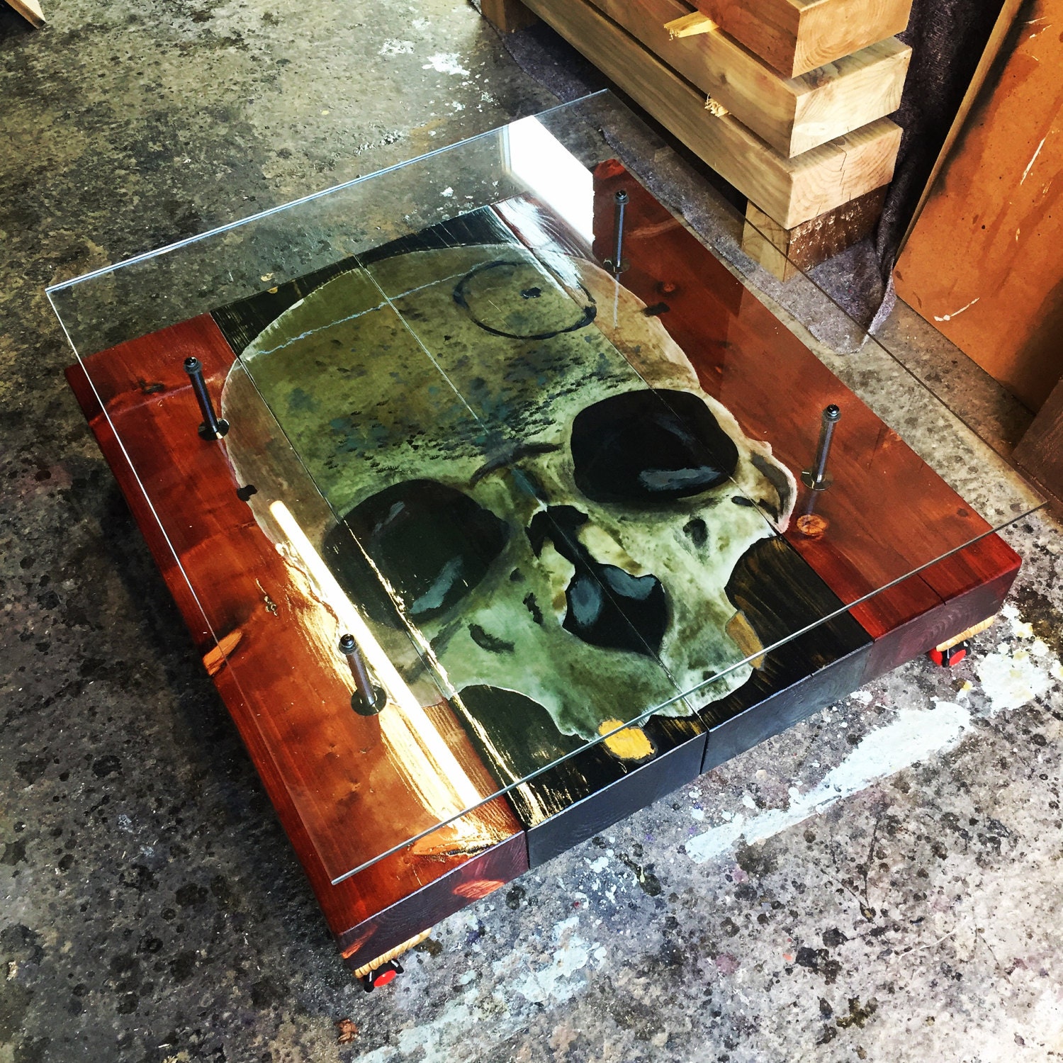 Hand Distressed Gothic Skull Coffee Table With Glass Top