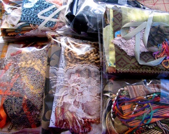 Crazy Quilt Supplies - Fabrics with assorted trim - Fancy Fabrics - Quilting fabrics - Small Cuts - Art Quilts - Fabric Collage
