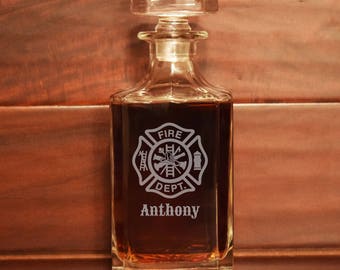 Personalized Fireman Decanter, Engraved Firefighter Decanter, Fireman Whiskey Decanter, Fire Department, Personalized Glass, Maltese Cross