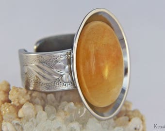 Honey calcite ring,Recycled spoon ring,Yellow calcite ring,Round gemstone ring,Stainless steel ring,Big gemstone ring,Vintage spoon ring