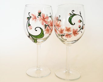 Bridesmaid Gift Idea Set of 2 Hand Painted Wine Glasses Wedding Glass Wine Glassware Holiday Glasses Pink Cherry Blossom Wedding glasses