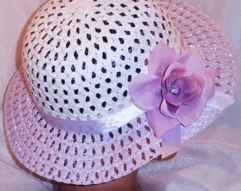 Lavendar and White Easter Hat Easter bonnet with Lavendar Rose Spring Hat Teaparty Hat