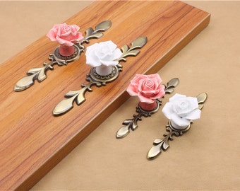 Ceramic Rose Knob Dresser Knob Pull Drawer Knob Pull Door Knob Back Plate Cabinet Handle Pink White Cupboard Handle Backplate Decorative