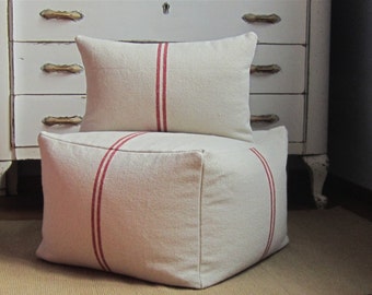 Grain sack pouf ottoman, 20x20x14, large square pouf, red stripe pouf ottoman, farmhouse pouf, cottage floor cushion, shabby pouf ottoman