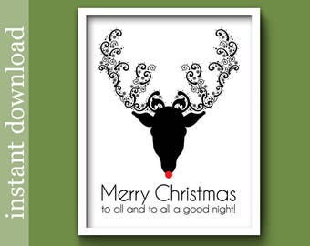 Christmas Printable, Christmas Download, reindeer print, Christmas wall art, minimalist Christmas, black Christmas, Christmas quote, Rudolph