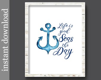 Seas The Day, beach printable, beach decor, lake house, cabin decor, anchor art, beach wall art, nautical art, sea art, beach print,boat art