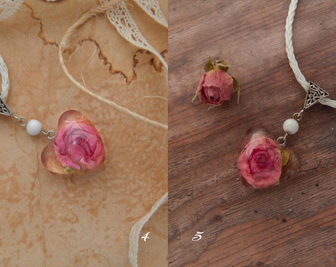 Heart-shaped epoxy resin real pink rose pendant, dry flower jewelry, natural flower necklace, transparent love pendants, bridesmaids gifts