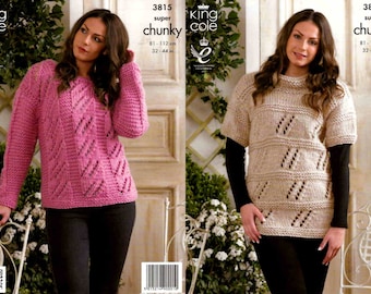 King Cole Knitting Pattern 3815~Lacy Sweaters~Super Chunky~32-44"