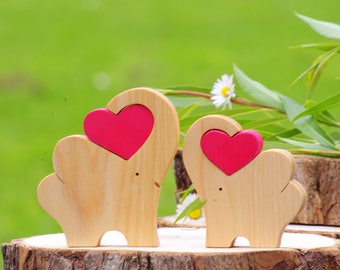 Wooden elephant with heart, safari nursery decor baby shower favors, cake topper elephnats, father son, mother daughter, wood metamorphosis