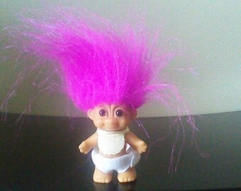 Vintage Russ Troll Doll Baby with Bib and Diaper Dark Pink Purple Hair Trolls 2"
