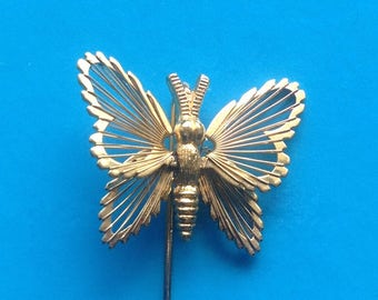Gold Butterfly Stickpin/Gold Filagree Butterfly/ Lapel Pin/ Signed Monet/ Hat Pin - 1980's