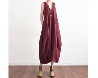 Womens Summer Loose Fitting Retro V Neck Sleeveless Linen Dress Robe With Pockets, Long Dress, Sundress For Women,Casual Dress, Travel Dress