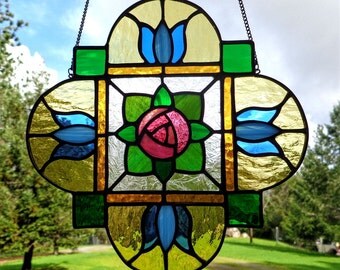 Stained Glass Suncatcher, Mackintosh Rose Mandala, Pink Rose, Blue Tulips, Window Hanging, Stained Glass Mandala, Vibrant Color, Meditation