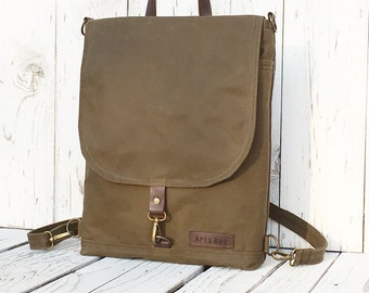 Minimalist Waxed Canvas Backpack, Toffee Tan Brown Water Repellent Rucksack, Solid Crossbody Bag, 11" Macbook Backpack, Vegan Option